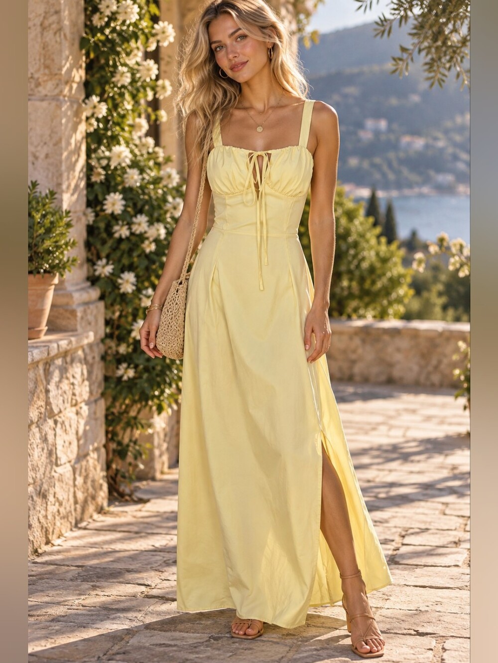 Butter Yellow Corset Maxi Dress Lace Up Back Cottagecore Y2K Small